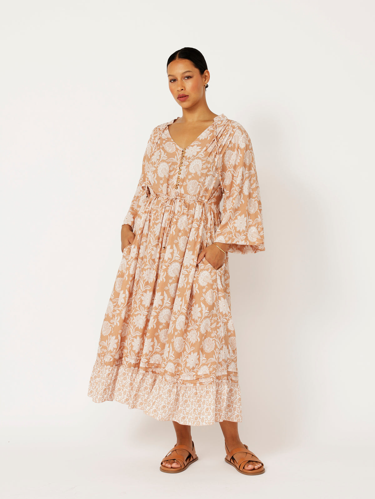 Juliette Dress | MIDI | Beige Flower - Saffron Road