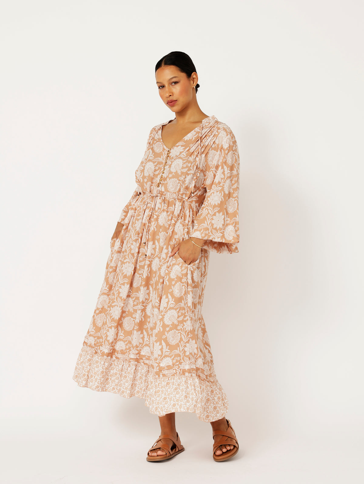 Juliette Dress | MIDI | Beige Flower - Saffron Road