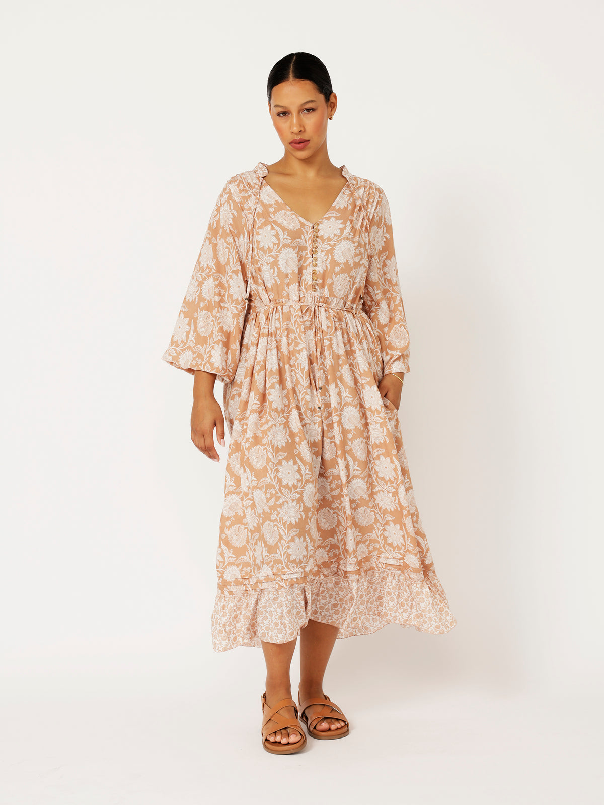 Juliette Dress | MIDI | Beige Flower - Saffron Road