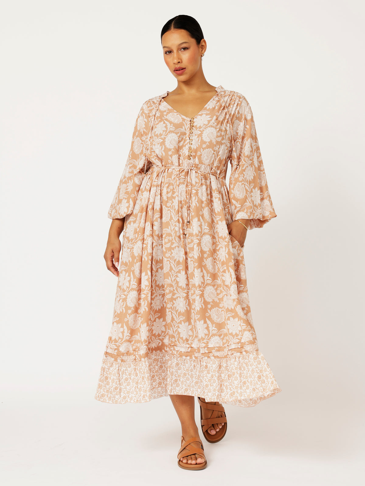 Juliette Dress | MIDI | Beige Flower - Saffron Road