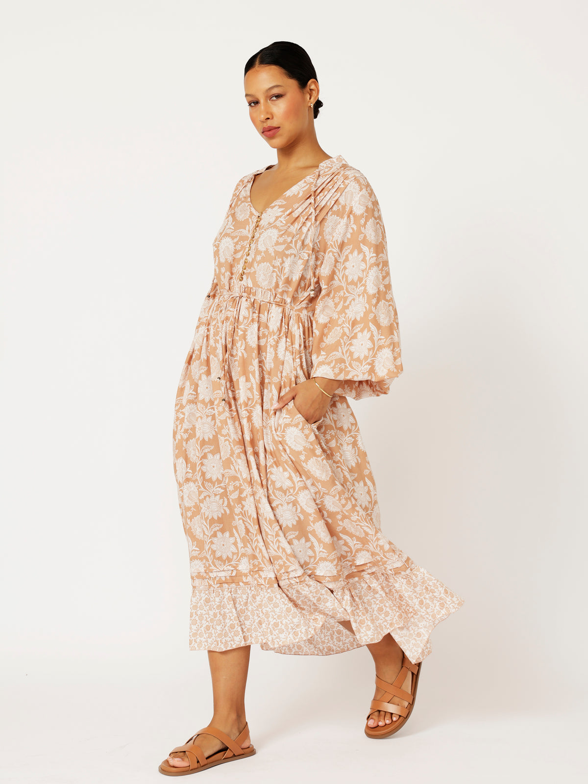 Juliette Dress | MIDI | Beige Flower - Saffron Road