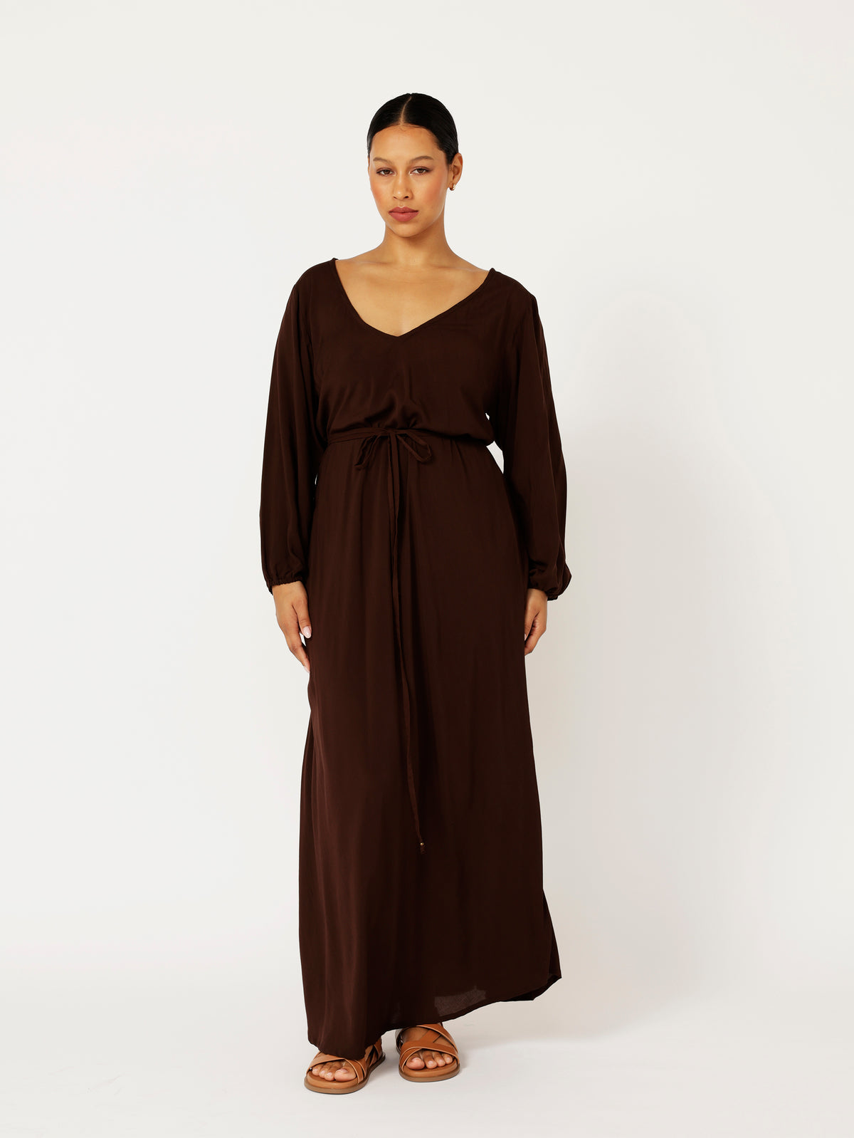 Viv Dress with Sleeves | Maxi | Chocolate - Saffron Road