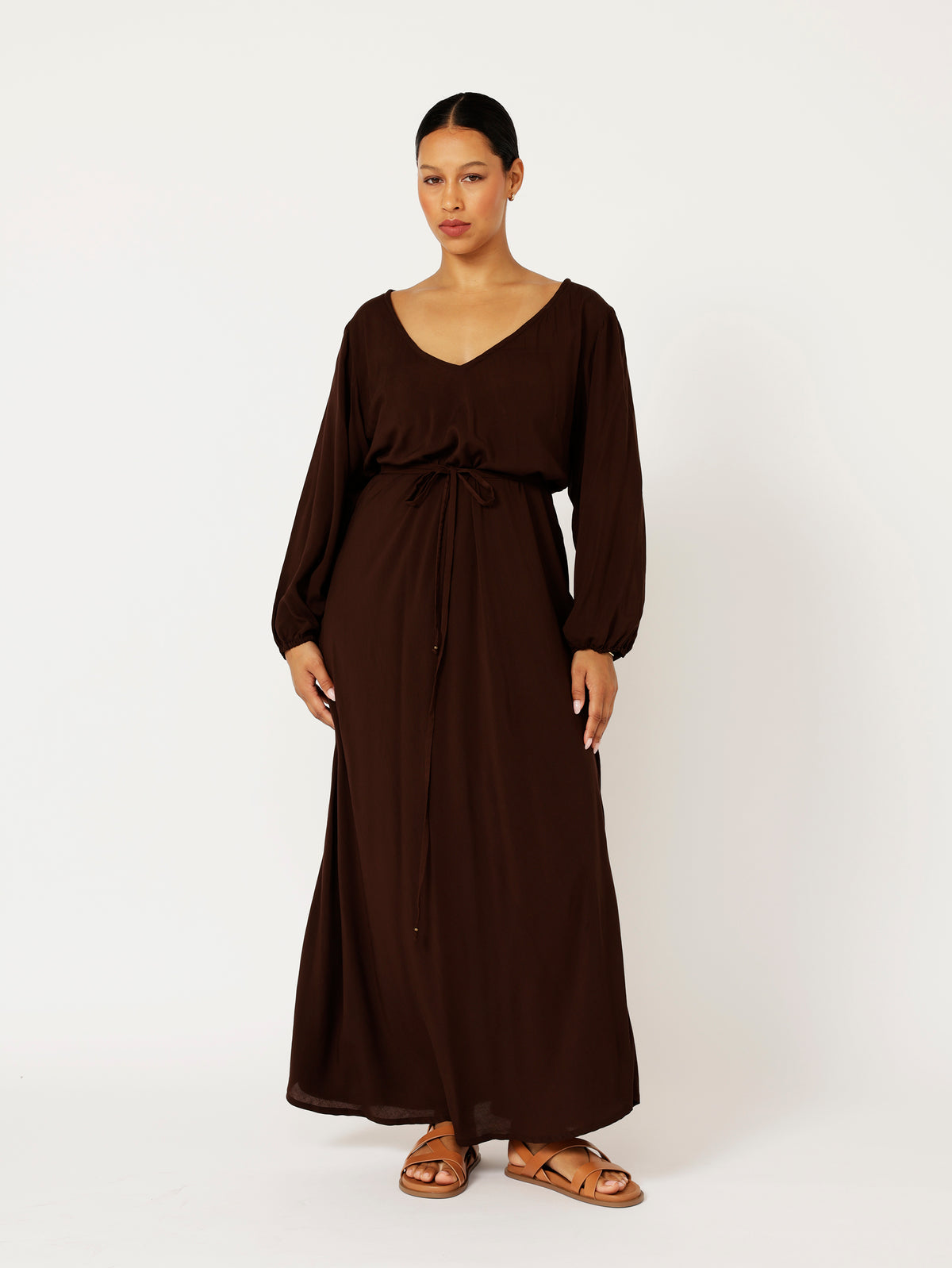 Viv Dress with Sleeves | Maxi | Chocolate - Saffron Road