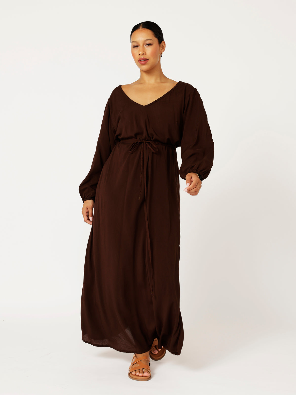 Viv Dress with Sleeves | Maxi | Chocolate - Saffron Road