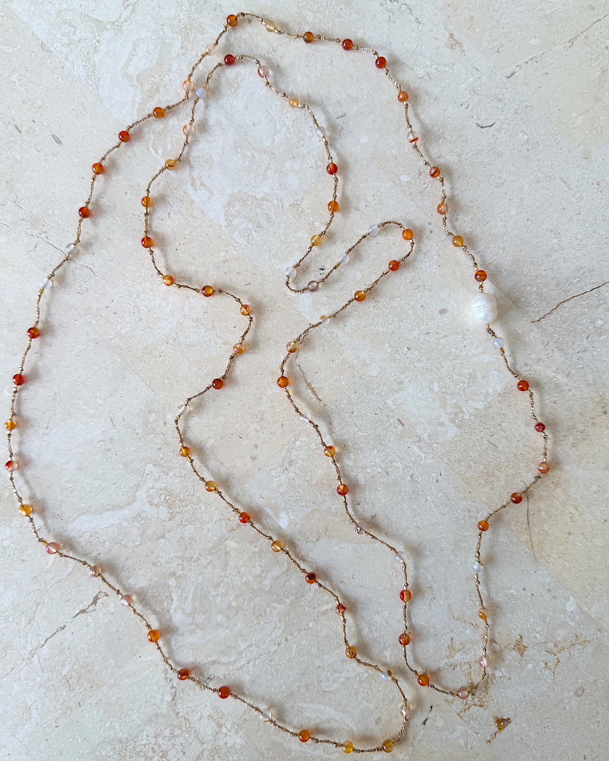 Necklace 30 | LONG - Stones with Freshwater Pearl - Amber - Saffron Road