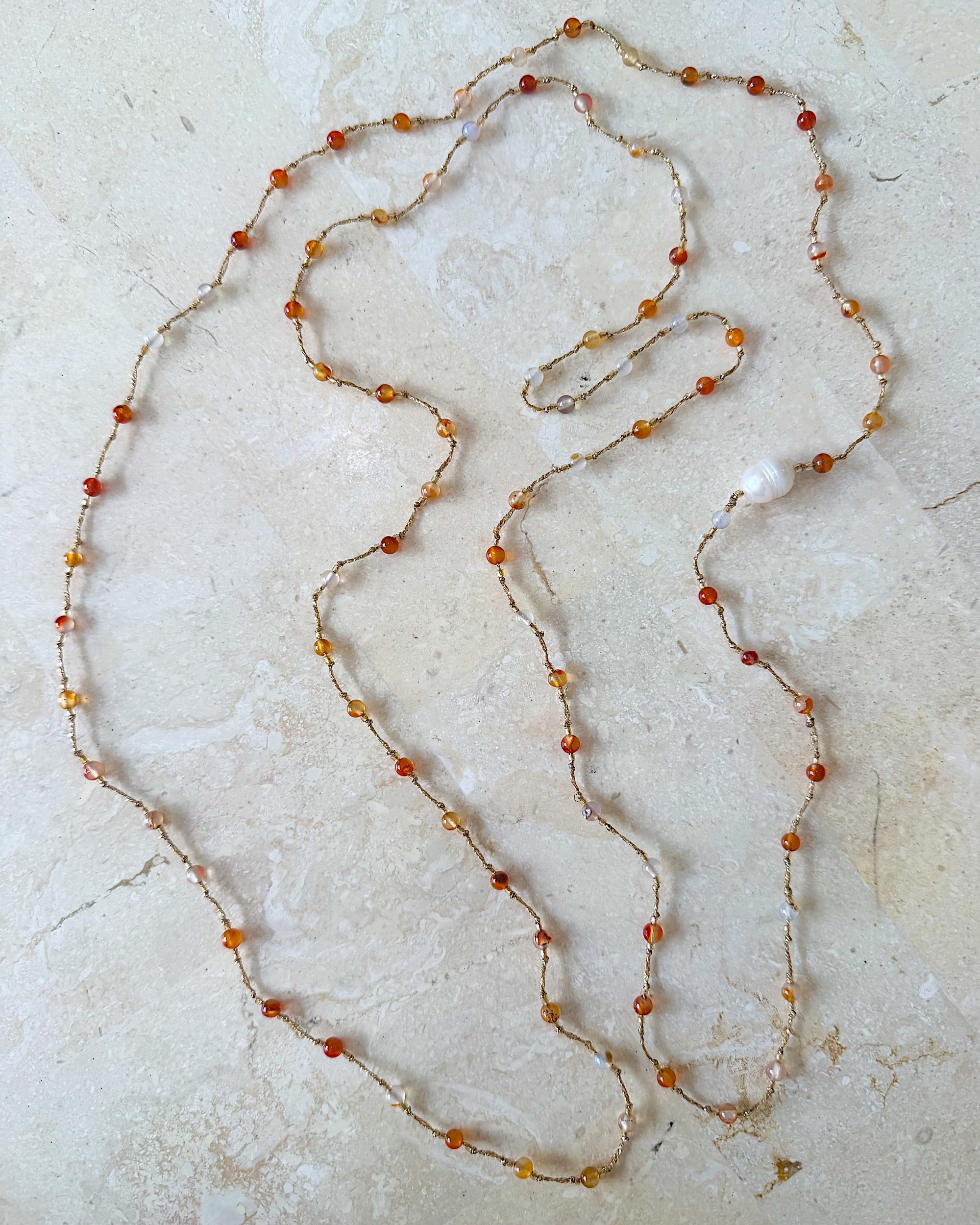 Necklace 30 | LONG - Stones with Freshwater Pearl - Amber - Saffron Road