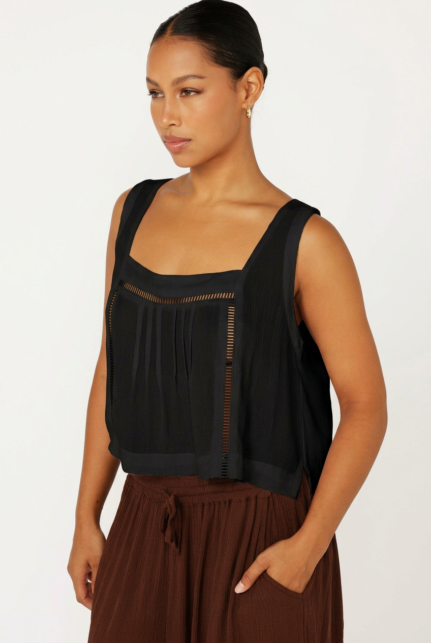Lotus Tank with Lace | Black Crinkle - Saffron Road