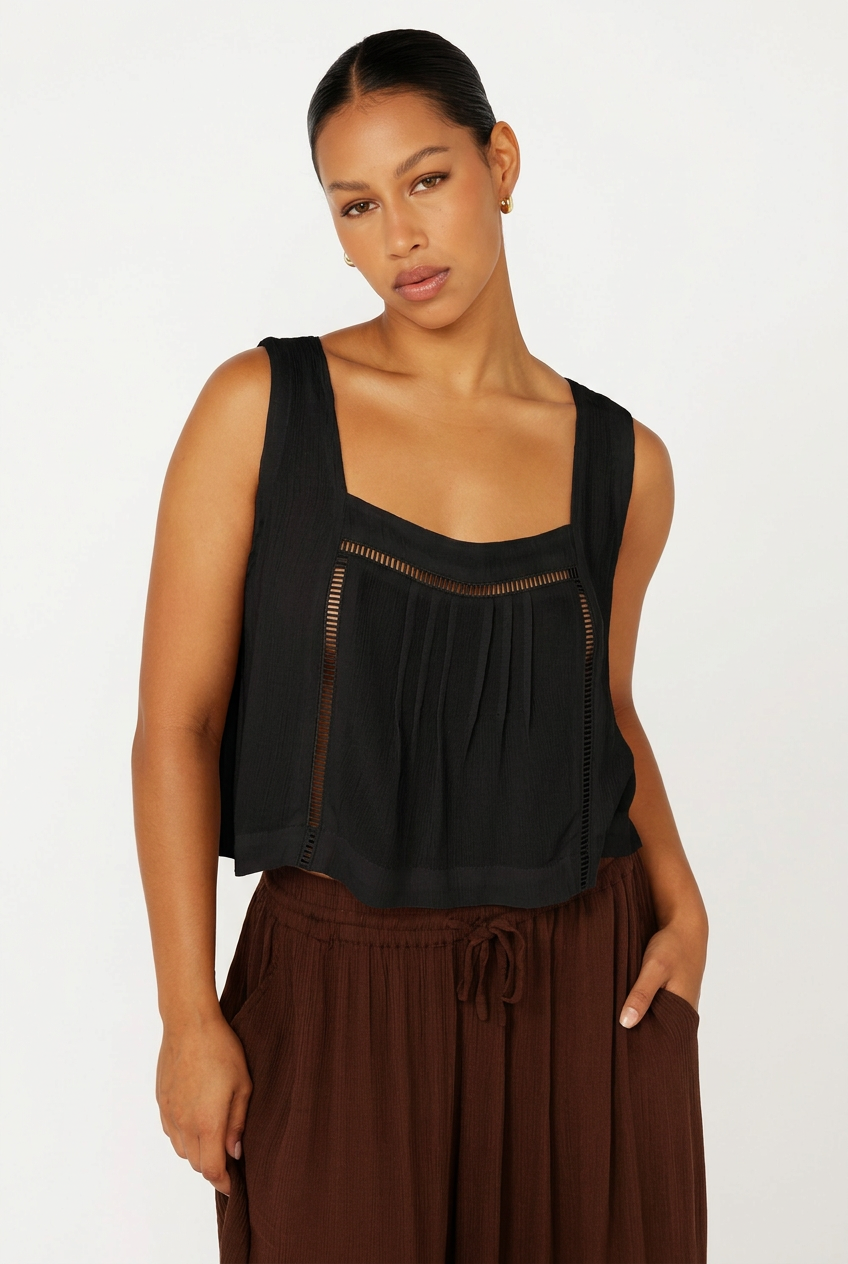 Lotus Tank with Lace | Black Crinkle - Saffron Road