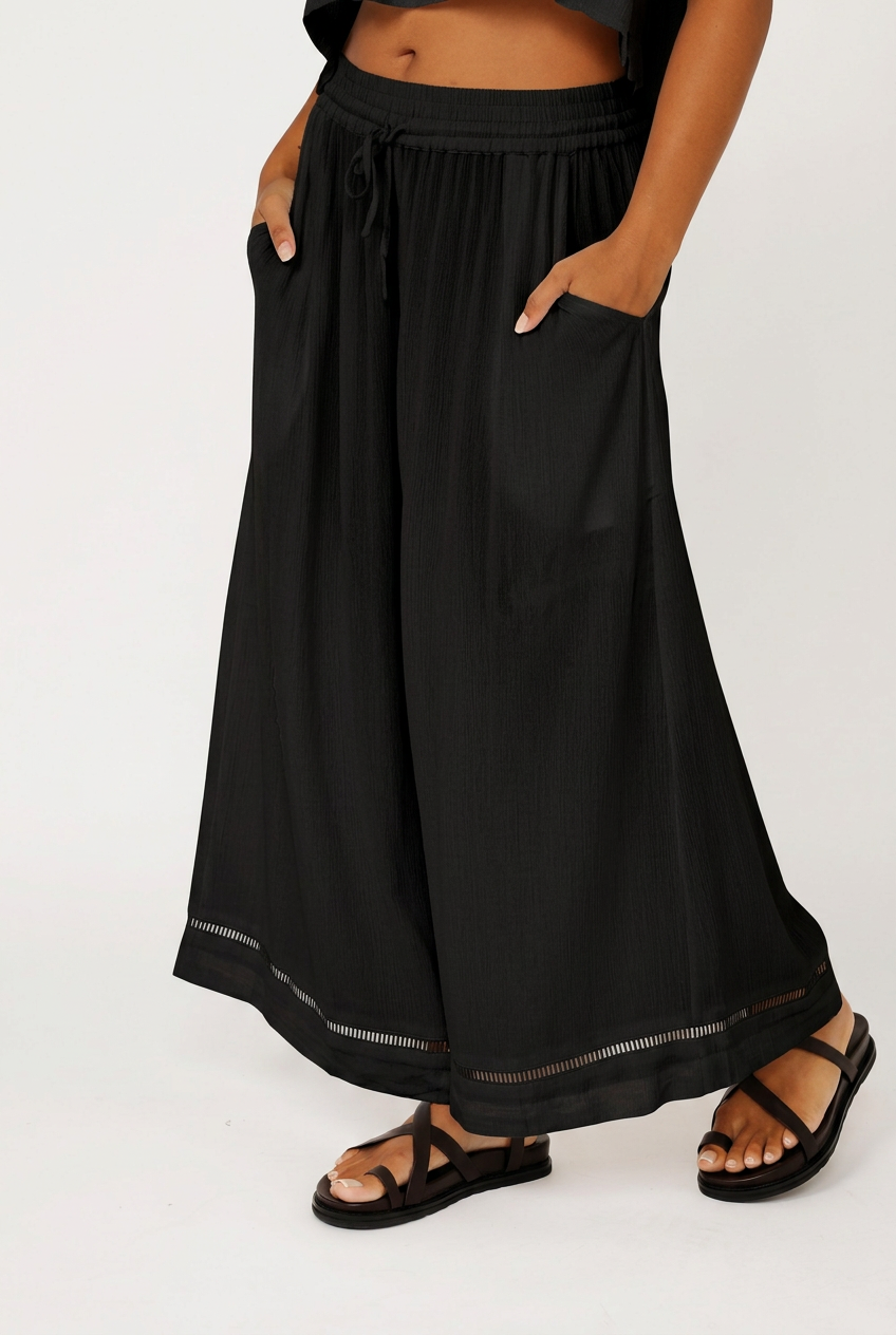Palazzo Pant with Lace | CROPPED | Black Crinkle - Saffron Road