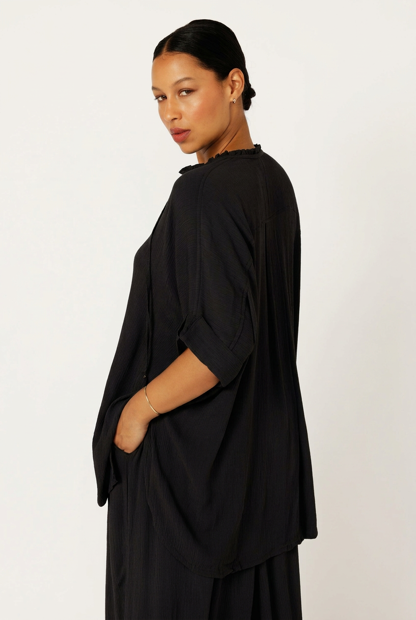 Madison Shirt with frill collar | Black Crinkle - Saffron Road