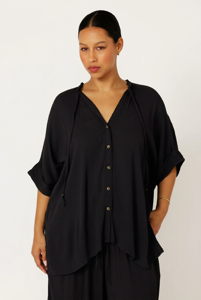 Madison Shirt with frill collar | Black Crinkle - Saffron Road