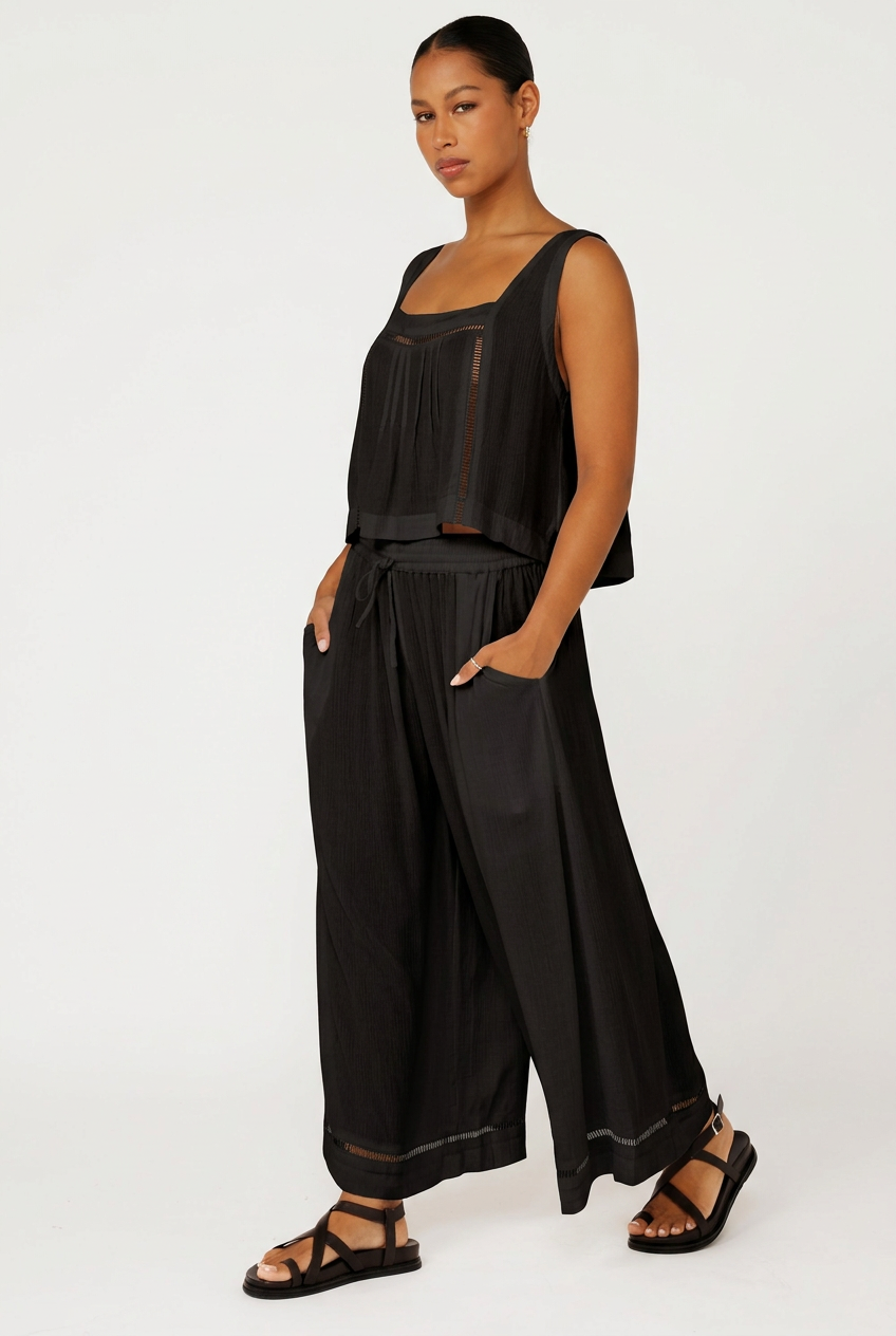 Palazzo Pant with Lace | CROPPED | Black Crinkle - Saffron Road