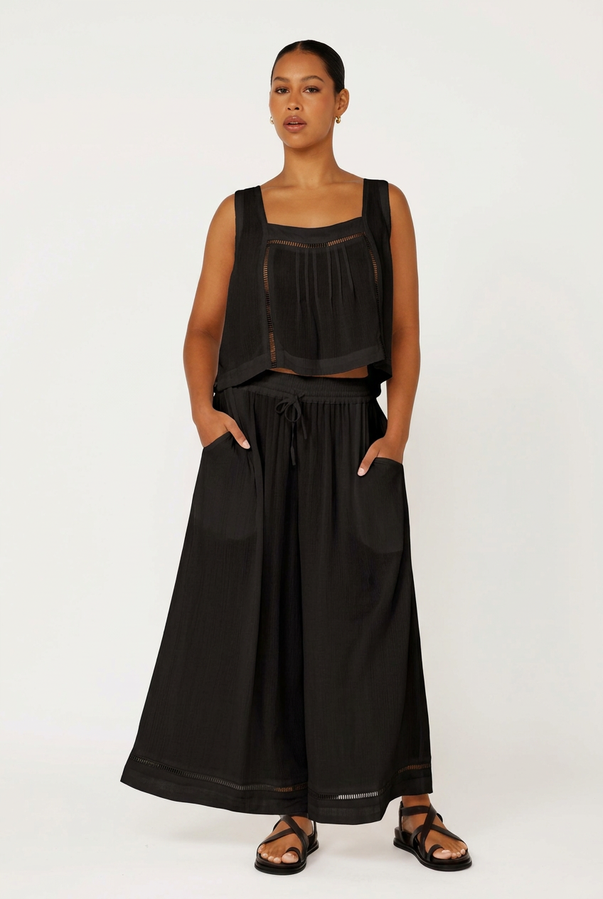 Palazzo Pant with Lace | CROPPED | Black Crinkle - Saffron Road