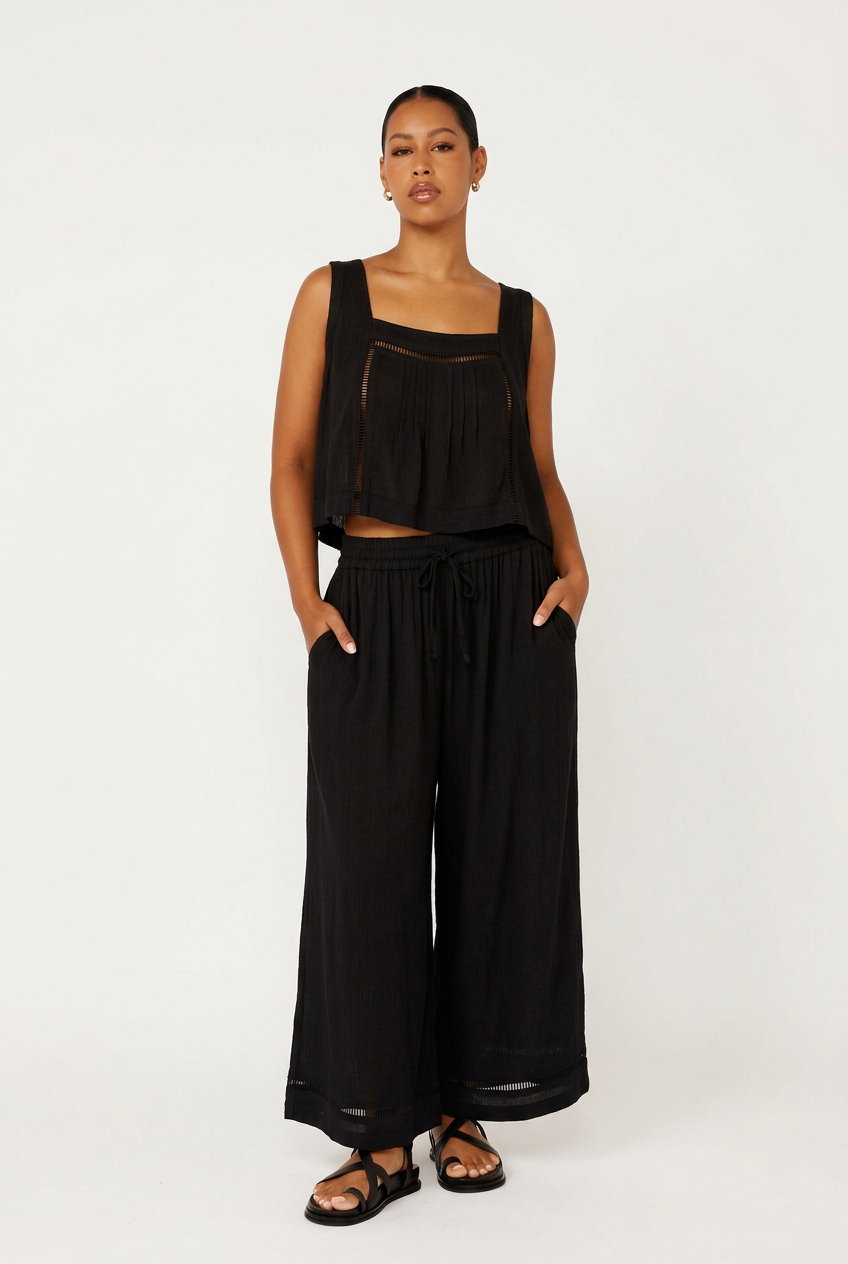Palazzo Pant with Lace | CROPPED | Black Crinkle - Saffron Road