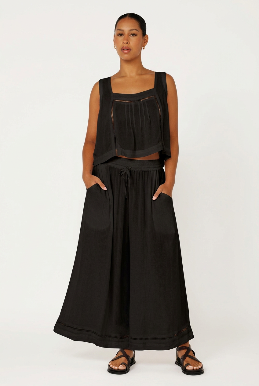 Palazzo Pant with Lace | CROPPED | Black Crinkle - Saffron Road