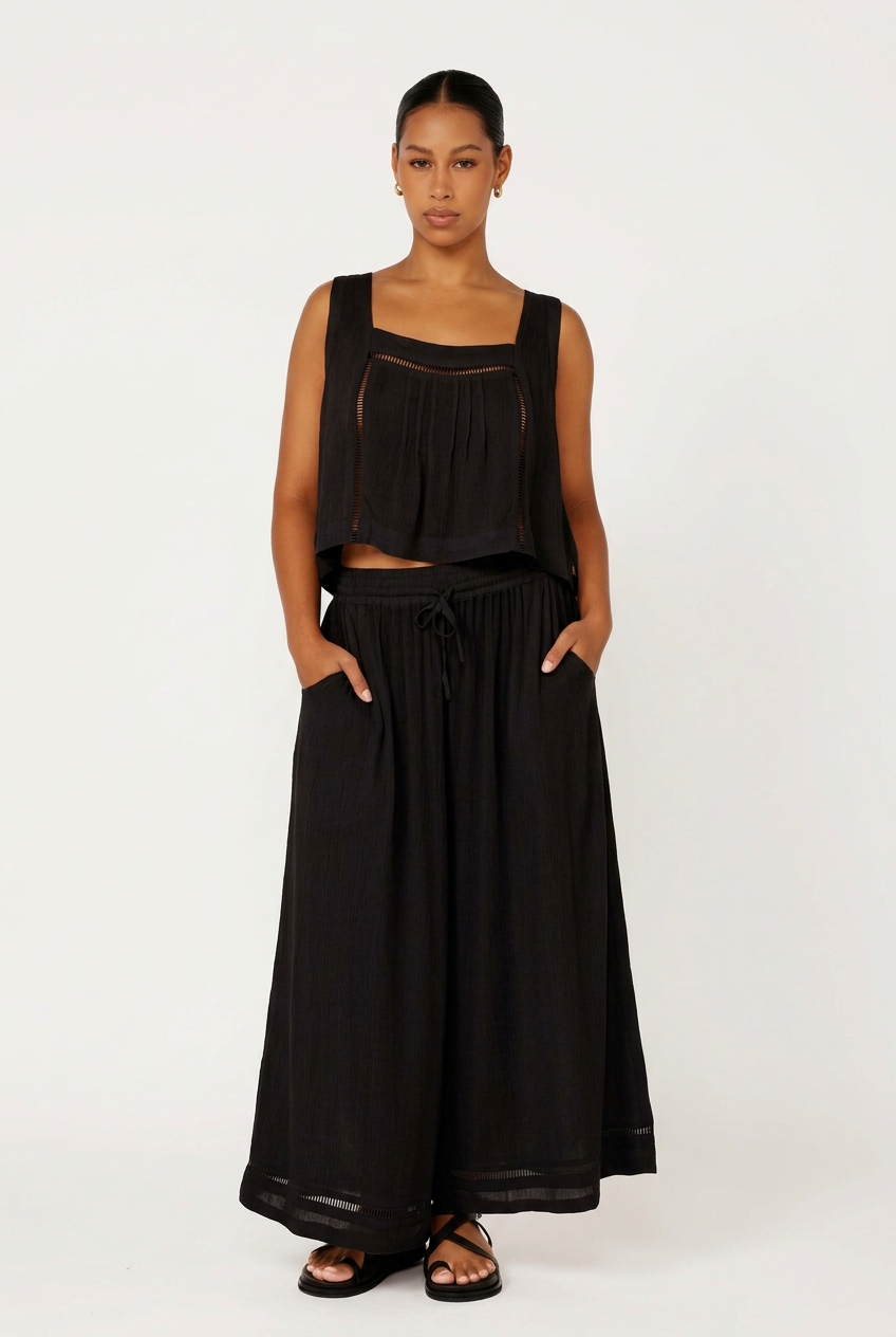 Palazzo Pant with Lace | CROPPED | Black Crinkle - Saffron Road