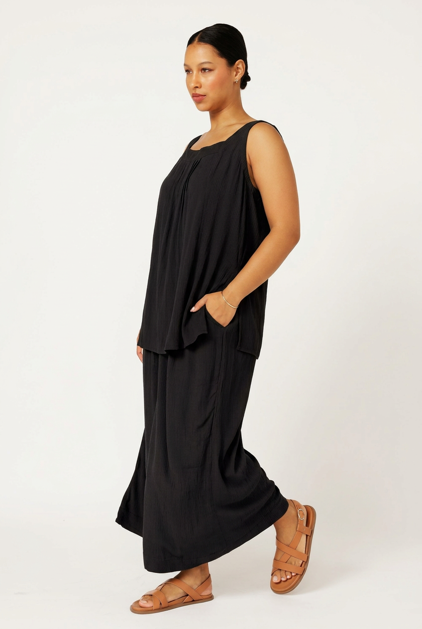 Lotus Tank with Lace | LONG | Black Crinkle - Saffron Road