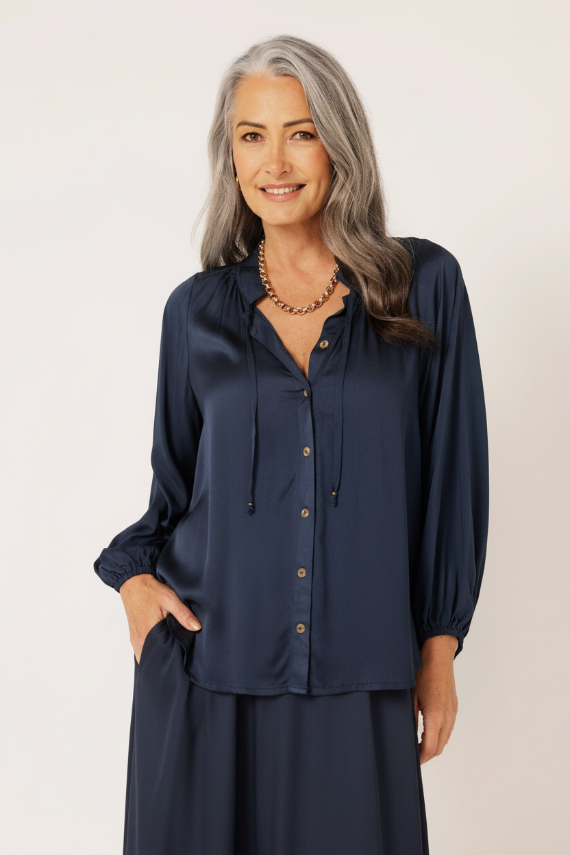Luna Blouse | Satin Viscose | Navy - Saffron Road