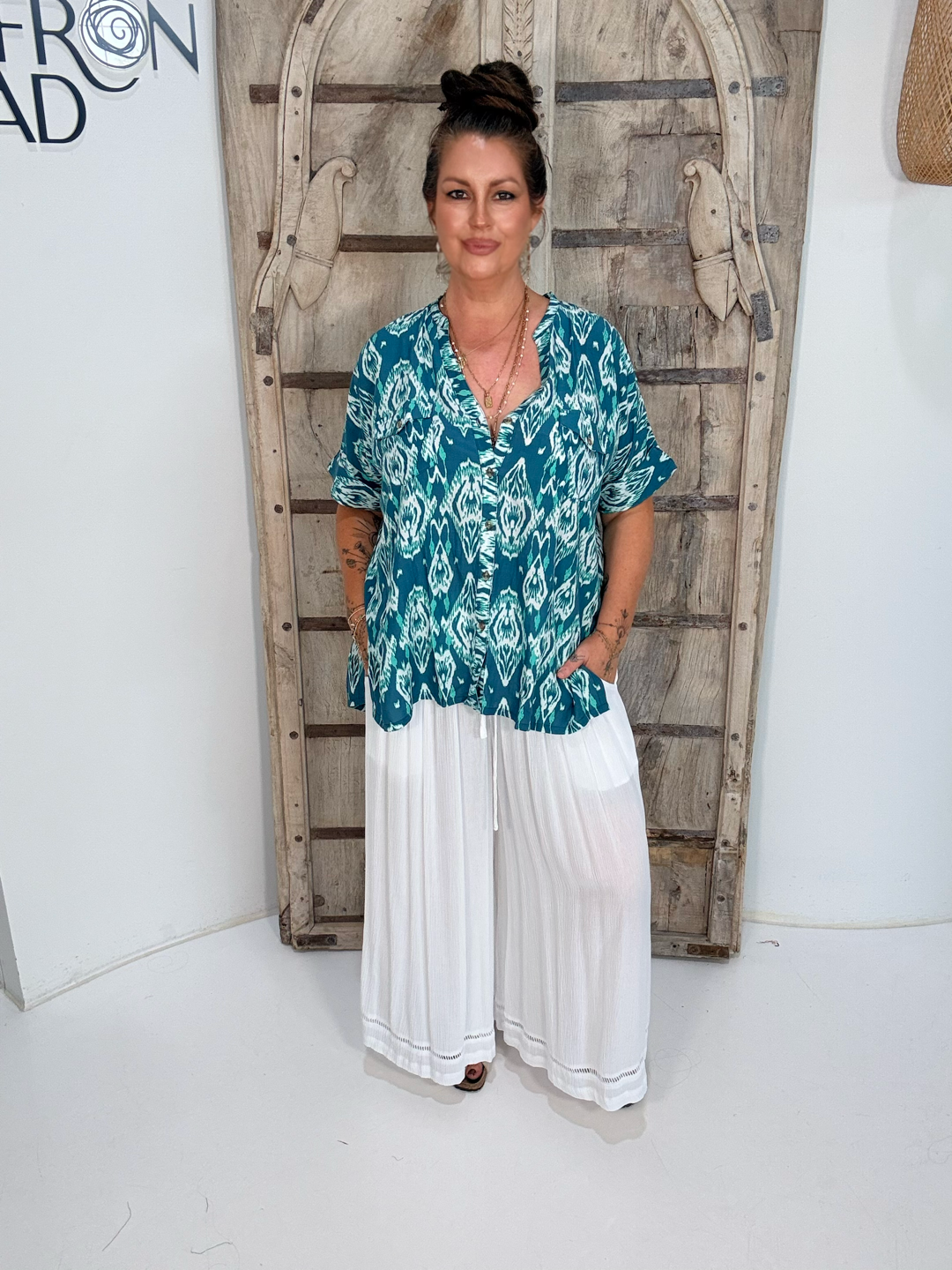 Madison Shirt | Teal Ikat - Saffron Road