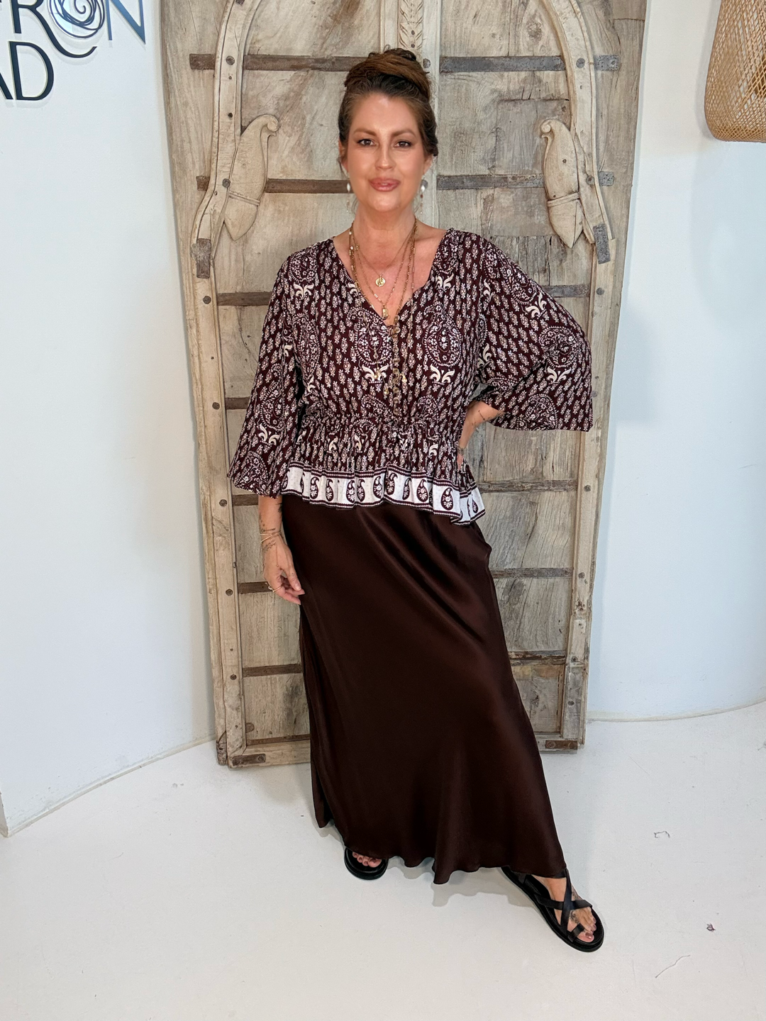 Margot Blouse| Chocolate Block Print - Saffron Road