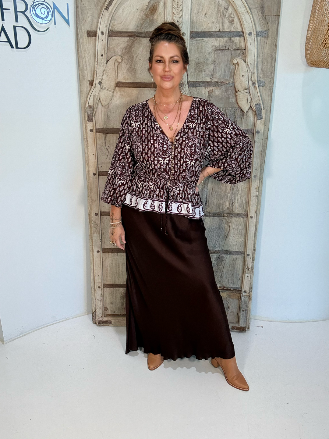 Margot Blouse| Chocolate Block Print - Saffron Road