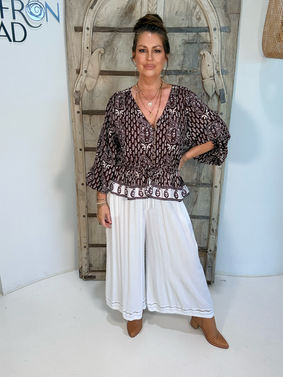 Margot Blouse| Chocolate Block Print - Saffron Road