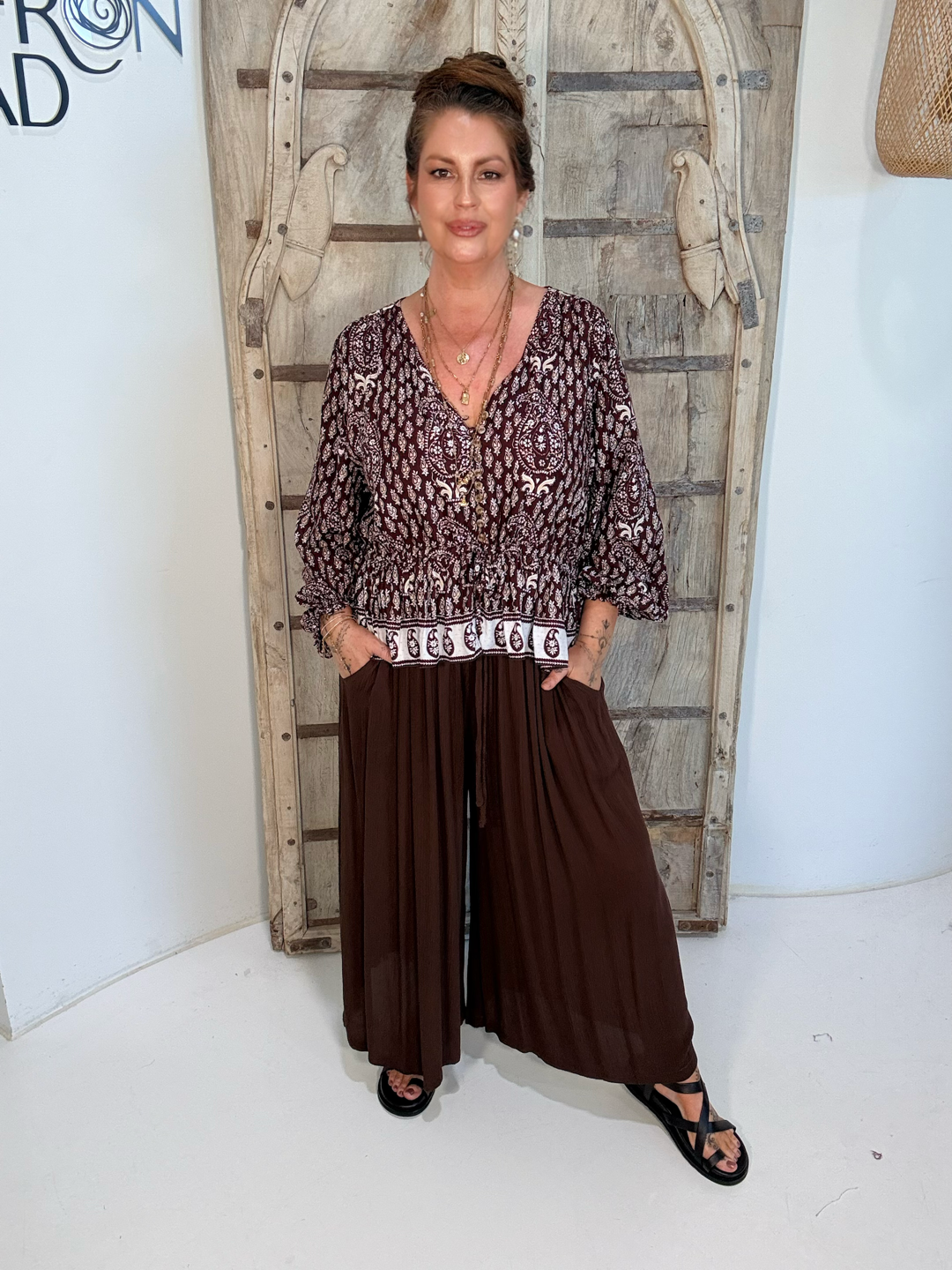 Margot Blouse| Chocolate Block Print - Saffron Road