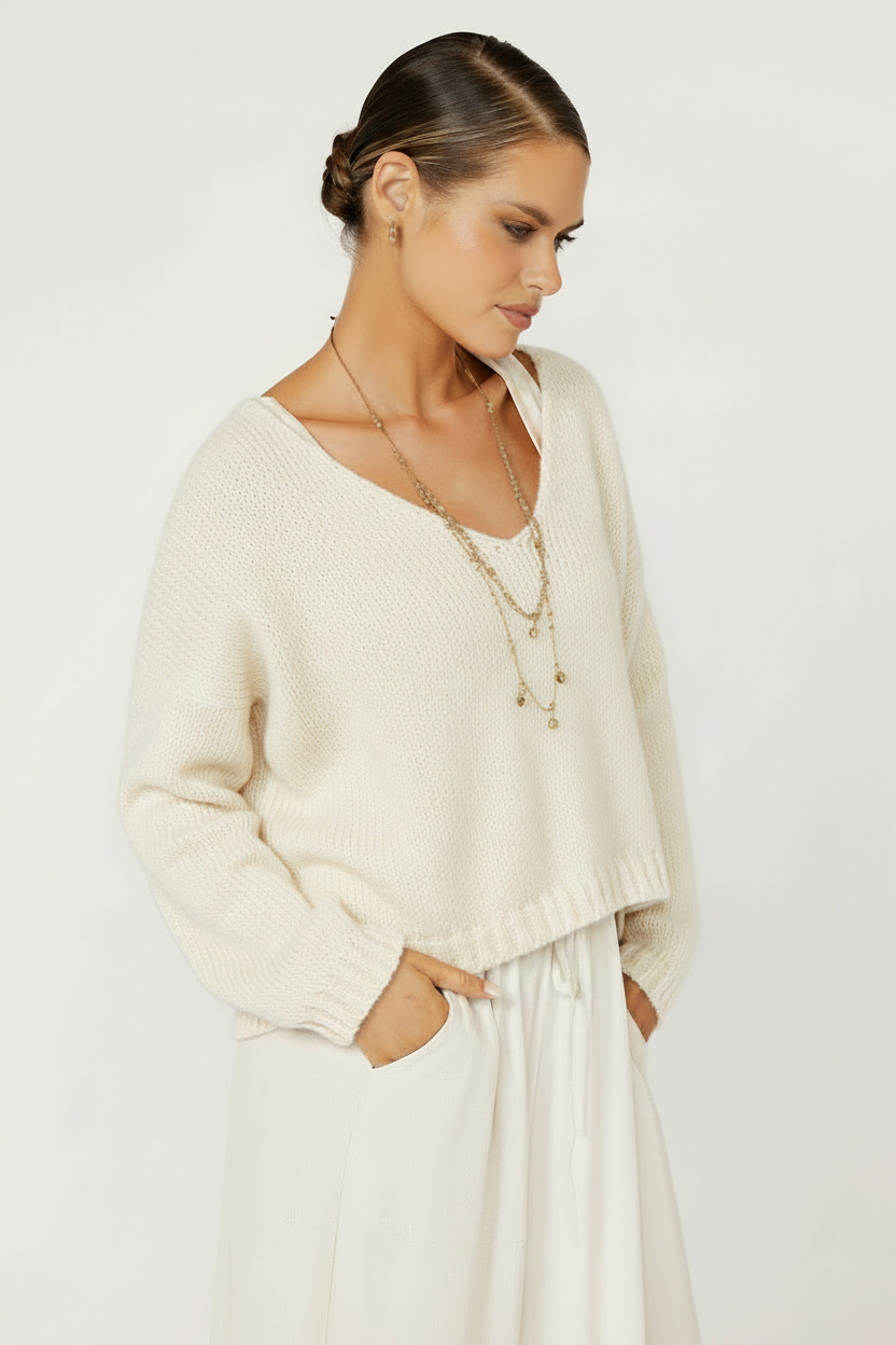 V Neck Jumper | Mohair Knit | Cream - Saffron Road