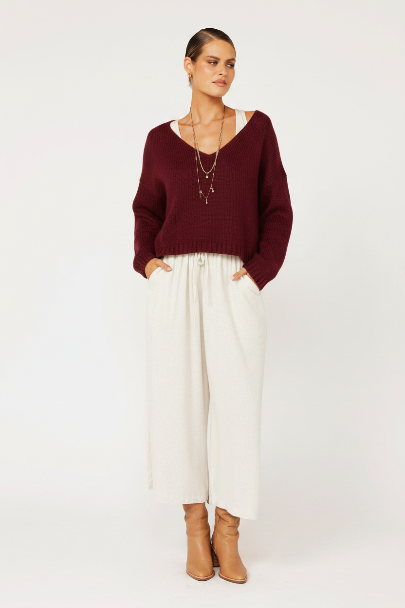 V Neck Jumper | Mohair Knit | Bordeaux - Saffron Road