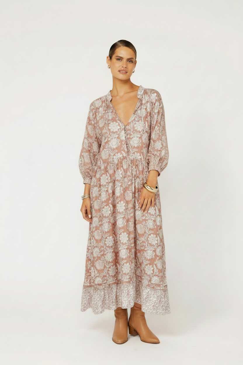 Juliette Dress | MIDI | Beige Flower - Saffron Road