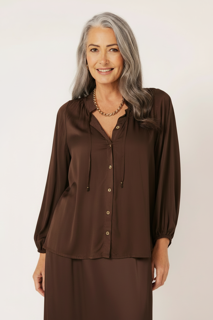 Luna Blouse | Satin Viscose | Chocolate - Saffron Road