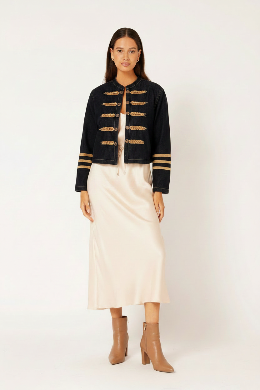Military Jacket Over Oyster Satin Dress