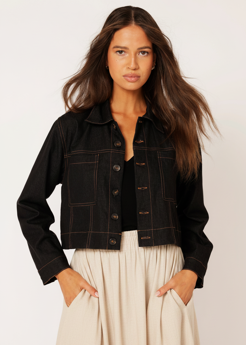 Vegas Jacket CROPPED | Black Denim - Saffron Road