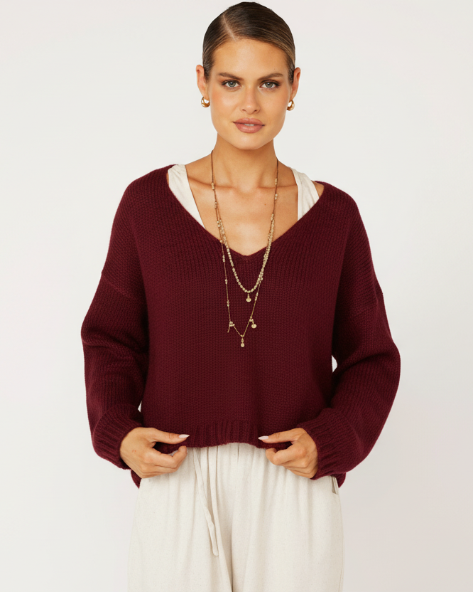 V Neck Jumper | Mohair Knit | Bordeaux - Saffron Road